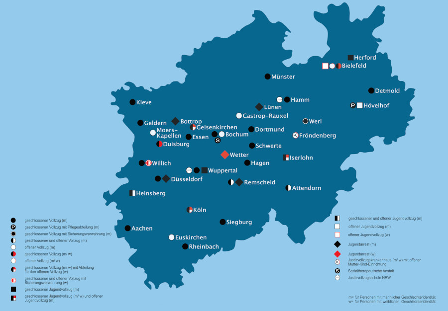 Übersichtskarte der Justizvollzugsanstalten NRW